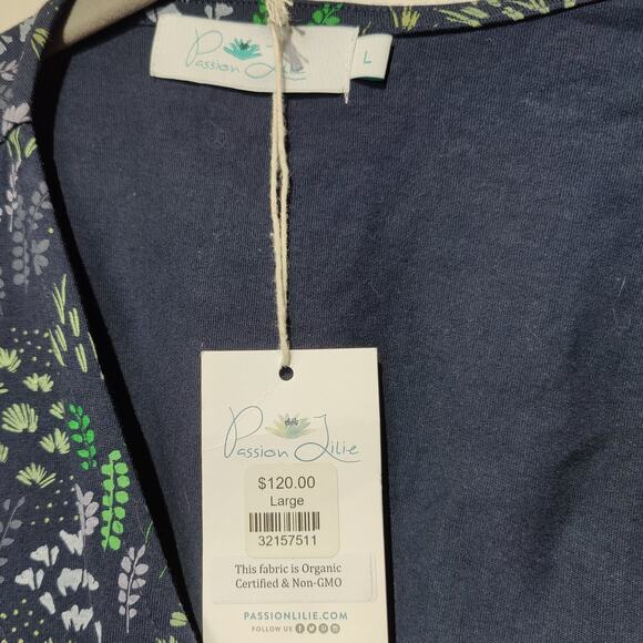 NWT Passion Lilie Sz L Navy Blue Micro Floral True Wrap Dress Organic Cotton - Picture 2 of 9